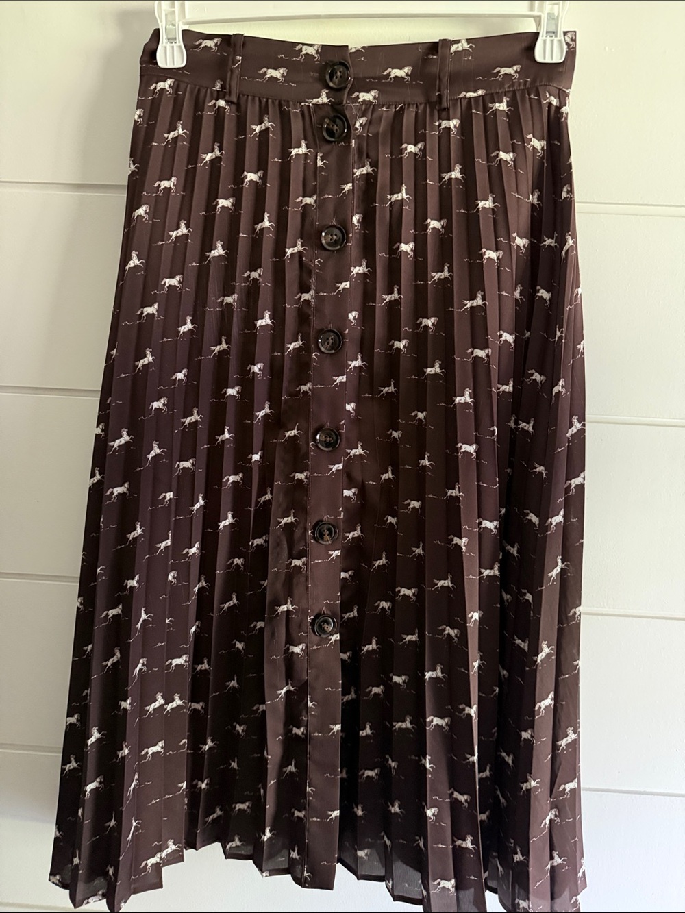 Simons Brown Pleated Midi Skirt with White Horse Print